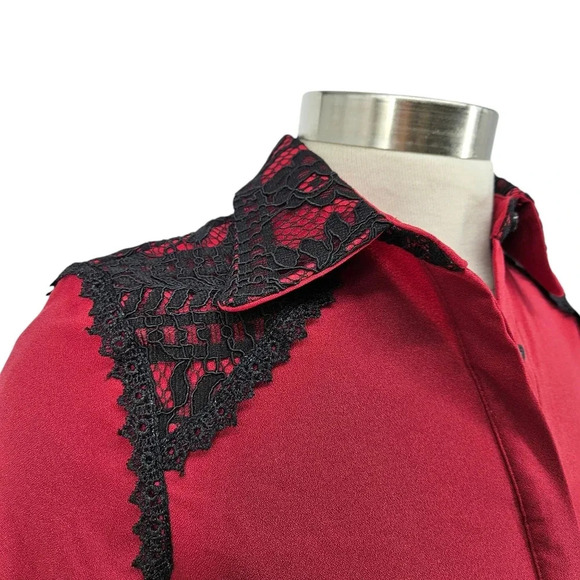 Boohoo Tess Lace Trim Shirt Dress Merlot Red Long Sleeve Button Collar Fit Flare - Picture 3 of 6